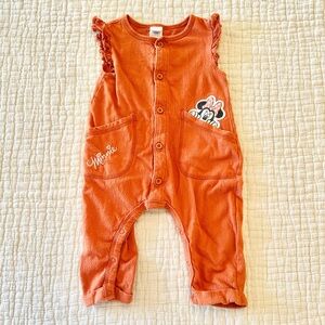 Disney Baby Girl Orange Minnie Mouse Embroidered Ruffle Sleeve Button Romper 12M
